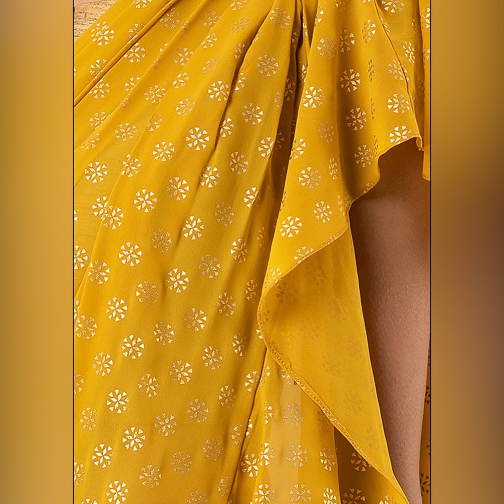 Yellow Foil Ruffled Pre-Stitched Saree (Without Blouse) Size Small - Picture 5 of 6